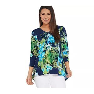 Susan Graver Floral Liquid Knit Peplum Back Top Womens Large Navy Blue